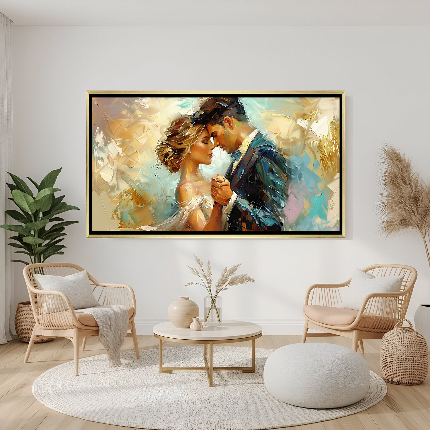 Luxury romantic abstract couple wall art in gold floater frame featuring an intimate dancing couple with elegant brushstrokes.