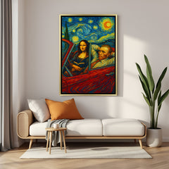Timeless Masters Road Trip canvas print in luxury golden floater frame featuring a creative fusion of classic and modern art