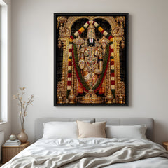 Sacred Tirupati Balaji artwork inspired by Tirumala Temple in elegant black floater frame