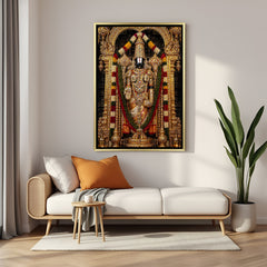 Lord Venkateswara canvas painting with ornate jewelry and flower garlands in luxurious golden floater frame