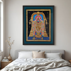 Tirupati Balaji canvas painting in black frame – Lord Balaji spiritual wall art for pooja room and divine interior decoration