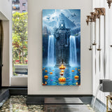 Divine Tirupati Balaji standing before waterfalls with lotus and diyas, spiritual wall art for home decor and Vastu positivity