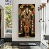 Tirupati Balaji canvas wall art featuring divine golden detailing and sacred temple-inspired background, ideal for spiritual home decor and pooja room walls.