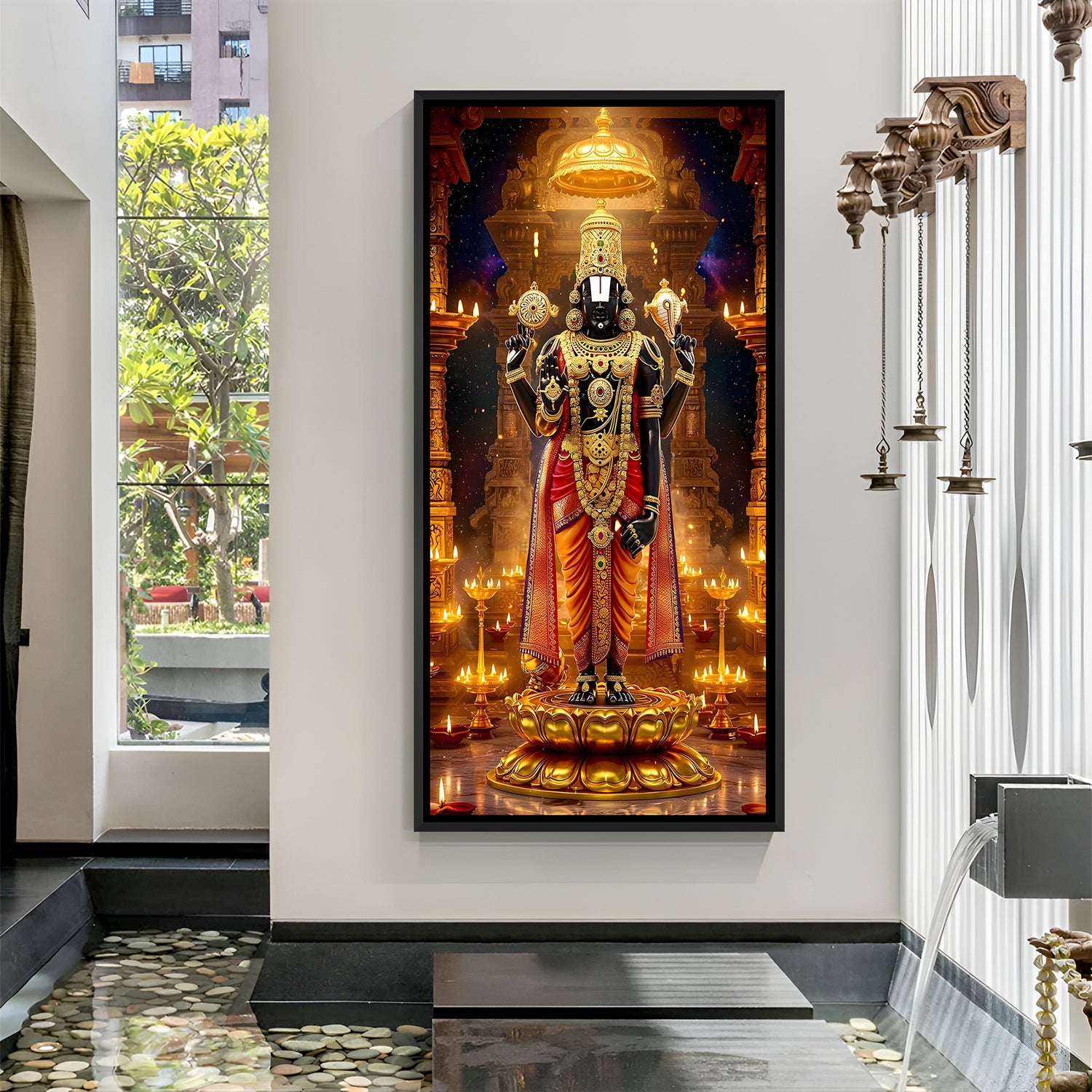 Tirupati Balaji temple painting black floater frame wall art for living room decor