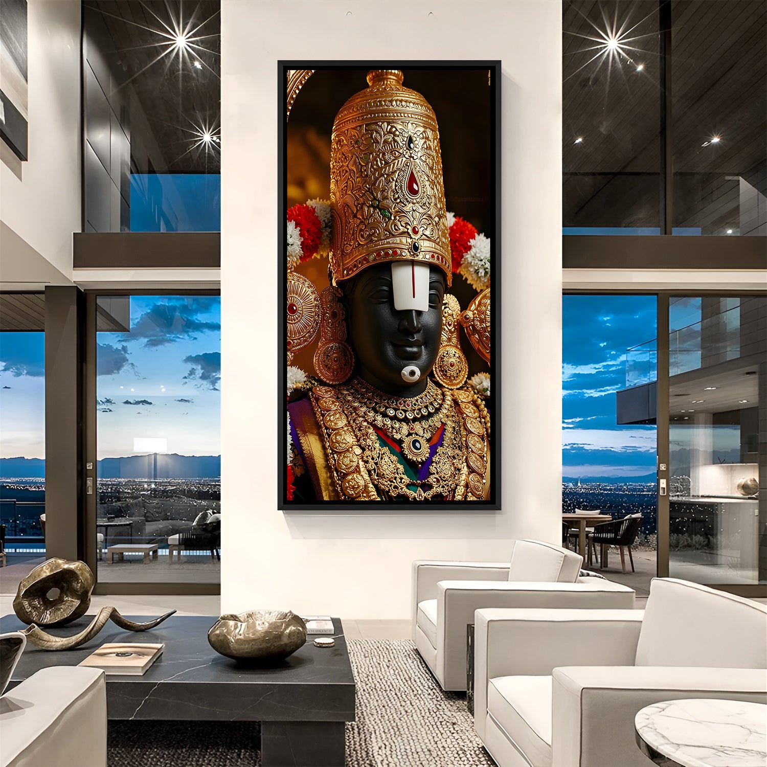 Tirupati Balaji gold temple painting black floater frame wall art for living room decor