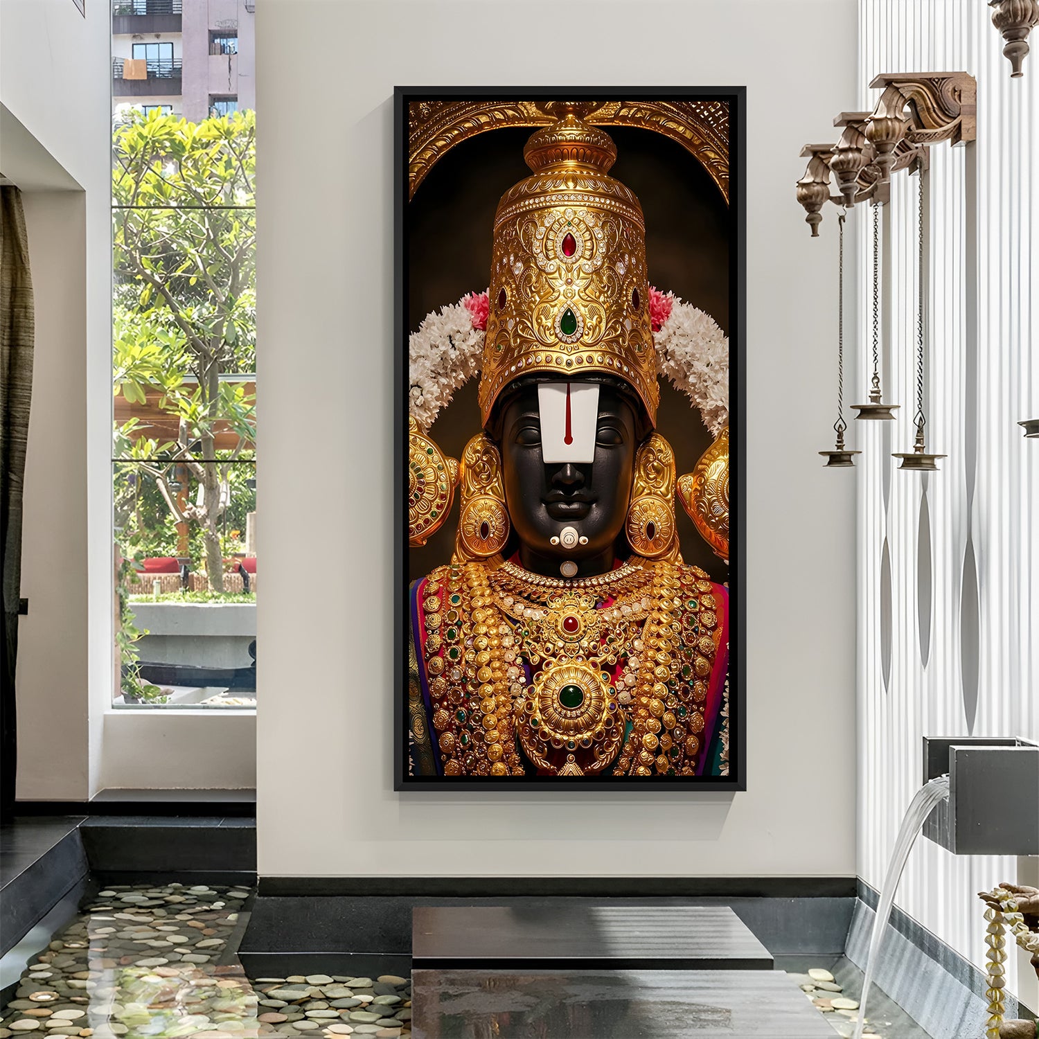 Tirupati Balaji golden crown painting black floater frame wall art for living room decor