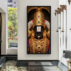 Tirupati Balaji golden crown painting black floater frame wall art for living room decor