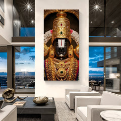 Tirupati Balaji golden crown canvas wrapped wall art Lord Venkateswara spiritual painting for home decor