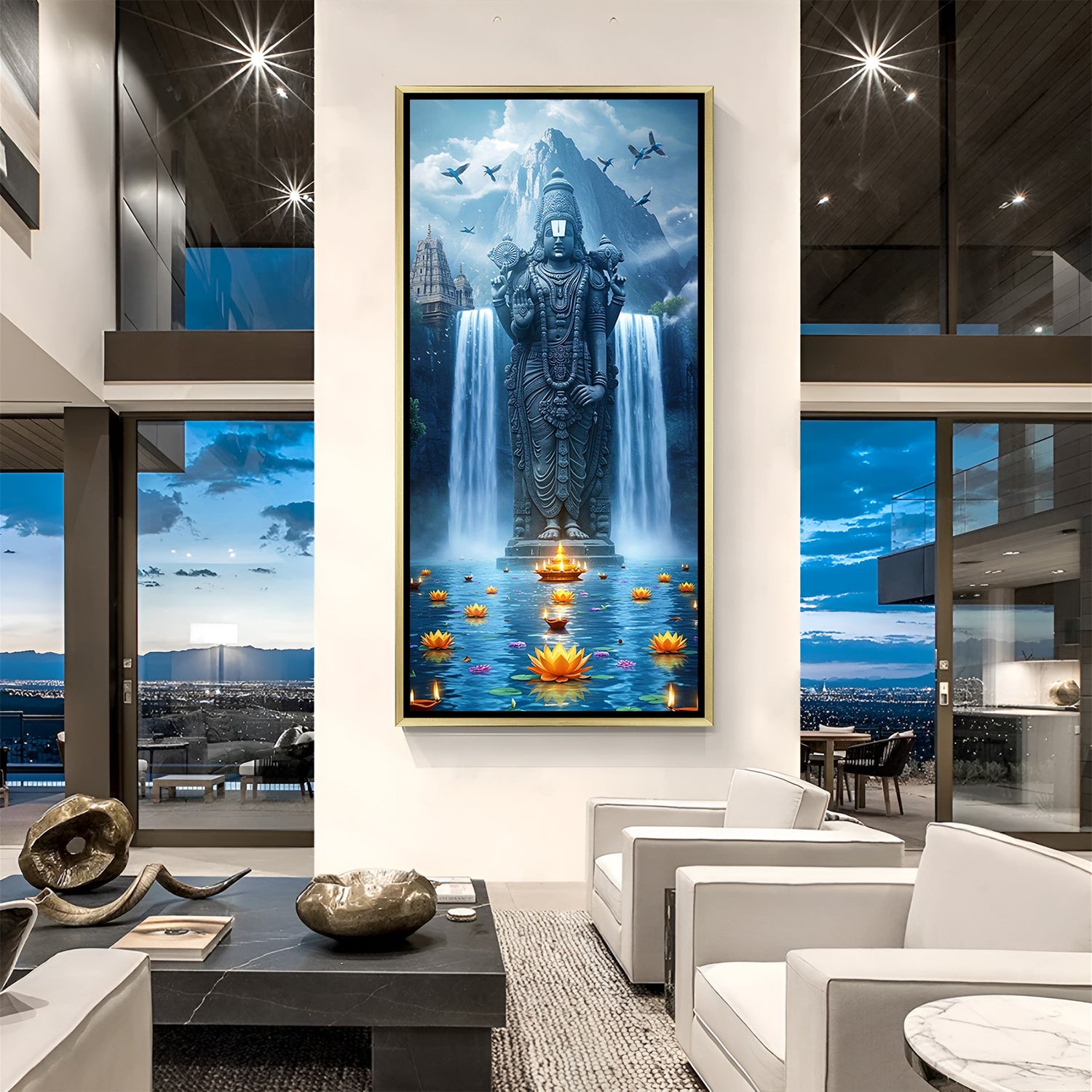 Premium Tirupati Balaji canvas wall art in golden floater frame, ideal for temple room, home entrance, and vastu decor