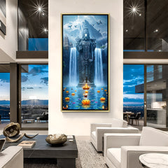 Premium Tirupati Balaji canvas wall art in golden floater frame, ideal for temple room, home entrance, and vastu decor