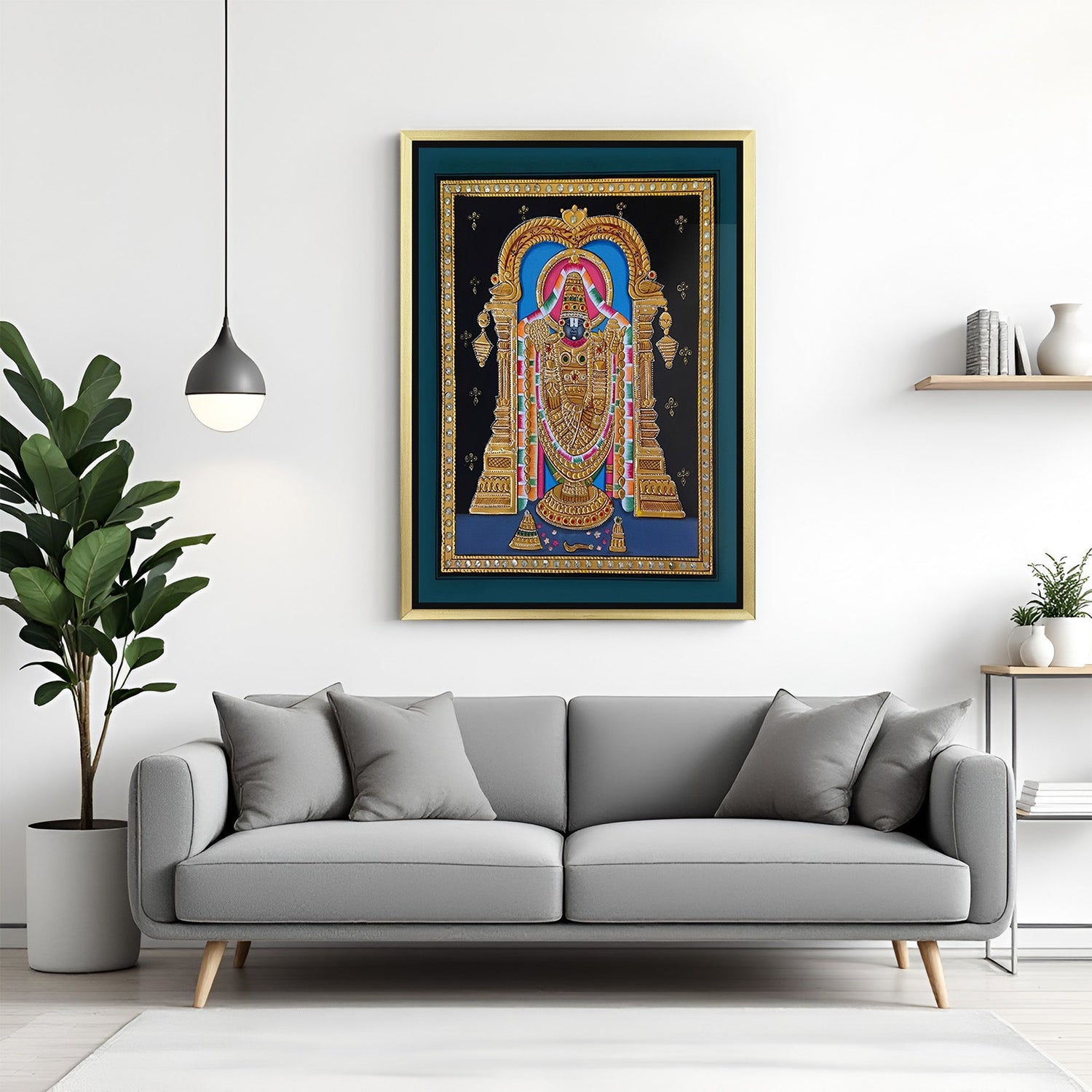 Golden frame Tirupati Balaji canvas art – devotional Vastu painting for spiritual home and temple wall decor
