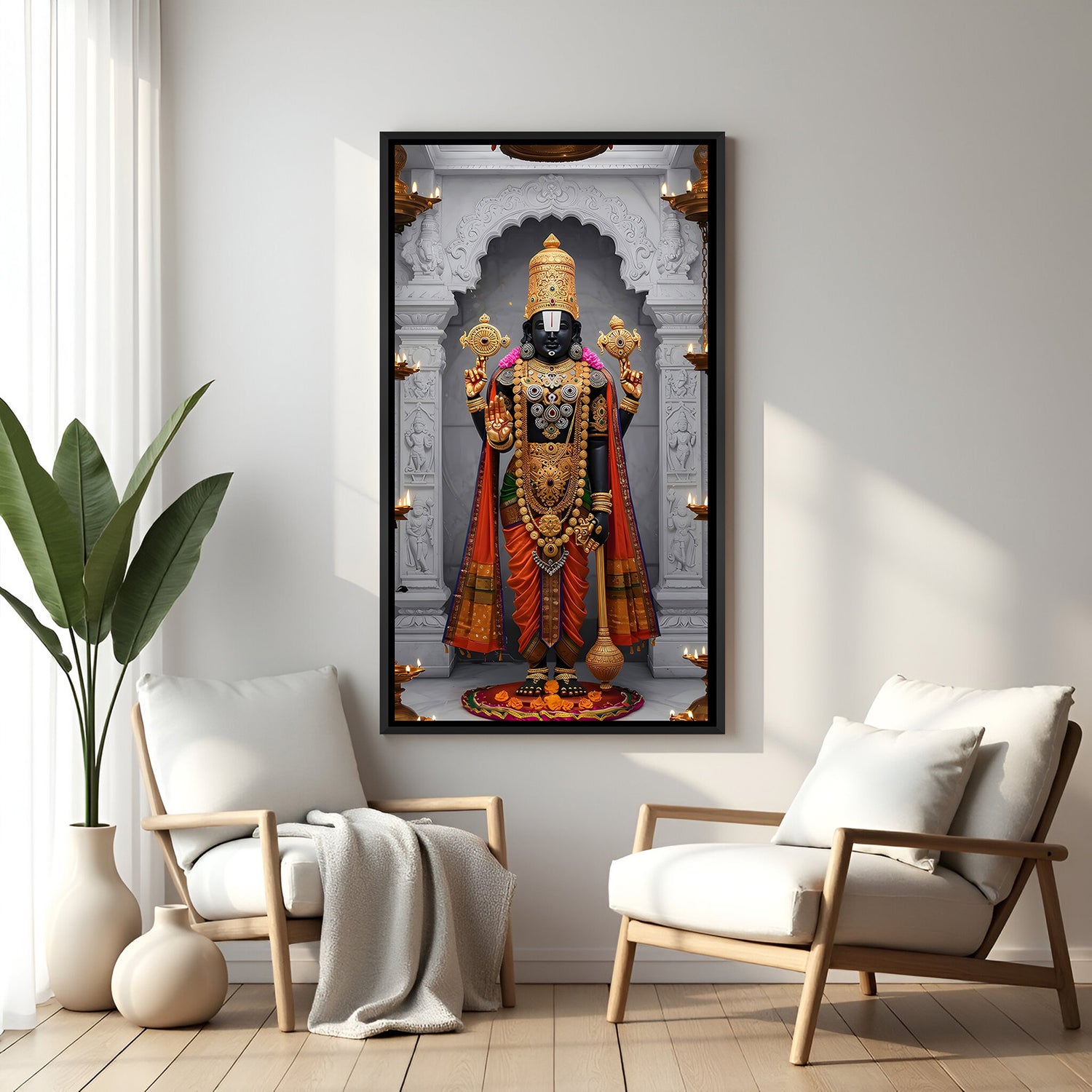 Tirupati Balaji marble temple painting black floater frame wall art for living room decor