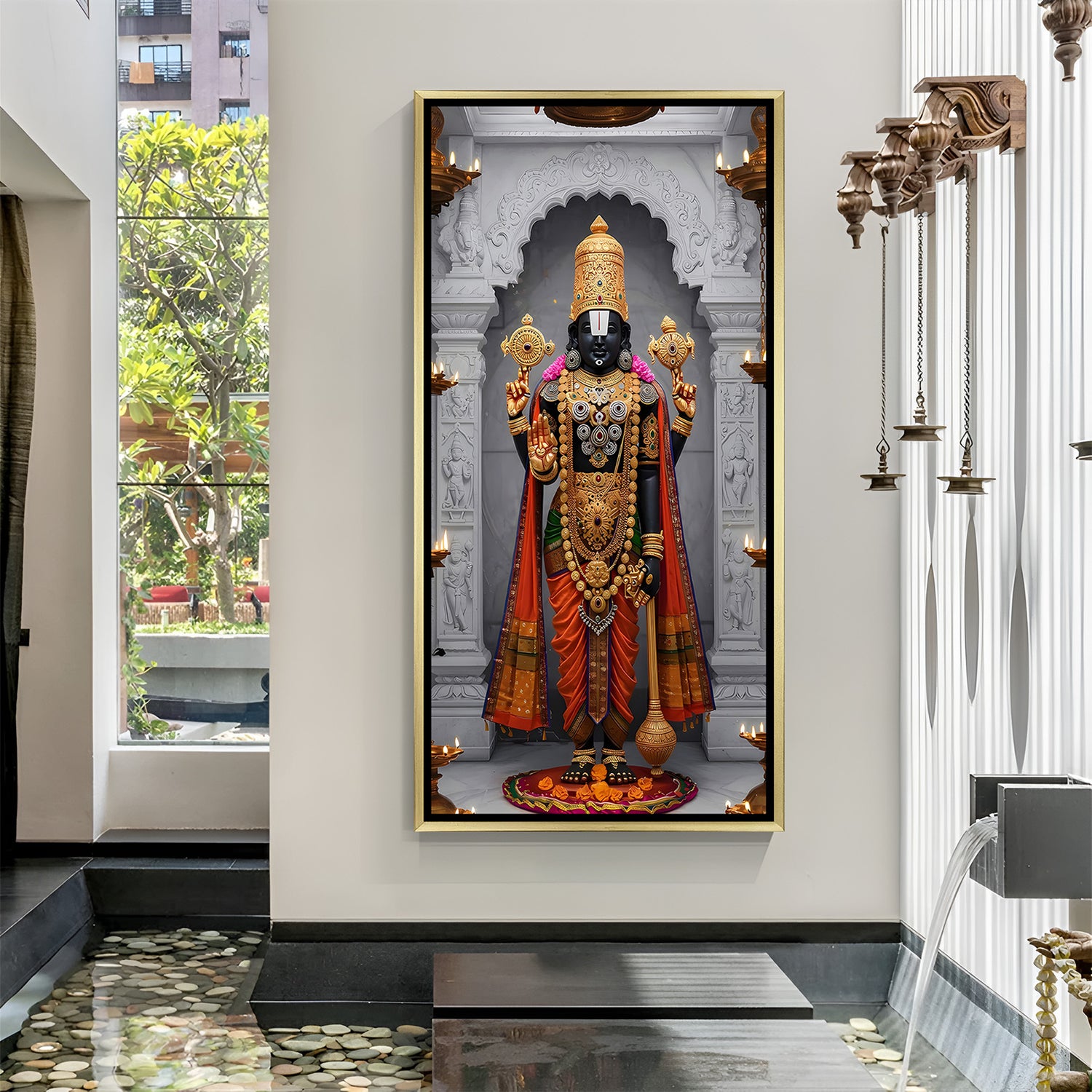 Tirupati Balaji marble temple golden floater frame canvas wall art premium spiritual painting