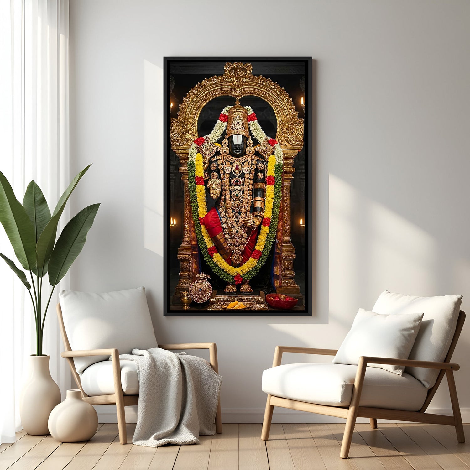 Tirupati Balaji smiling wall art in sleek black floater frame, high-definition spiritual canvas print ideal for modern premium home decor and meditation spaces.