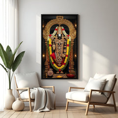 Tirupati Balaji smiling wall art in sleek black floater frame, high-definition spiritual canvas print ideal for modern premium home decor and meditation spaces.