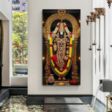 Tirupati Balaji smiling face canvas wall art in canvas wrapped style, showcasing divine golden detailing, soft expression, and premium devotional artwork for pooja room and living room decor.