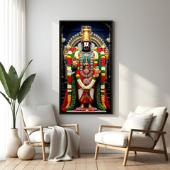 tirupati balaji canvas painting framed in black floater frame with high definition detailing perfect for living room temple corner or entrance decor