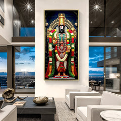 tirupati balaji canvas wall art with golden floater frame offering elegant sacred and premium home decor suitable for meditation room hallway and living areas