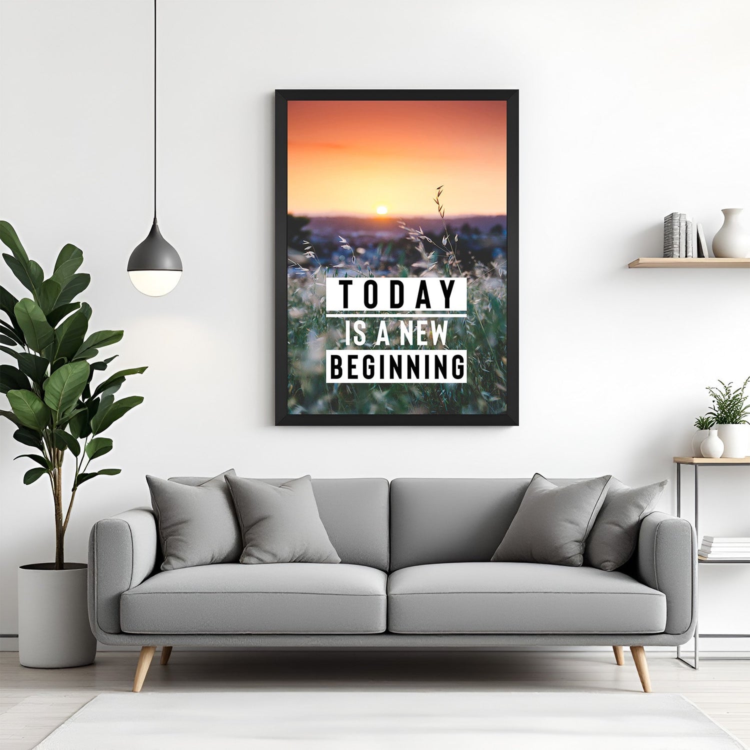 Today is a New Beginning motivational canvas wall art with black floater frame