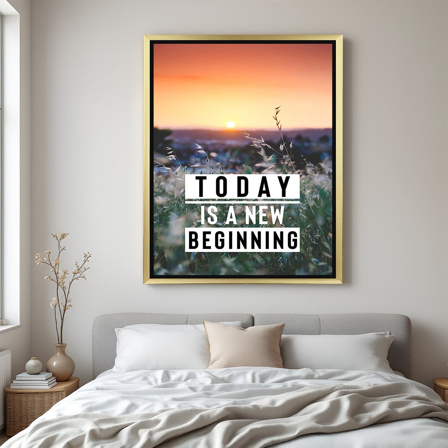 Today is a New Beginning motivational canvas wall art with golden floater frame