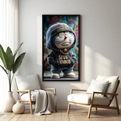 Doraemon streetwear cartoon artwork in elegant black floater frame featuring trendy fashion and relaxed attitude