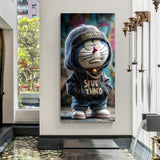 Doraemon wearing stylish streetwear clothes with bored expression canvas wall art in premium wrapped frame