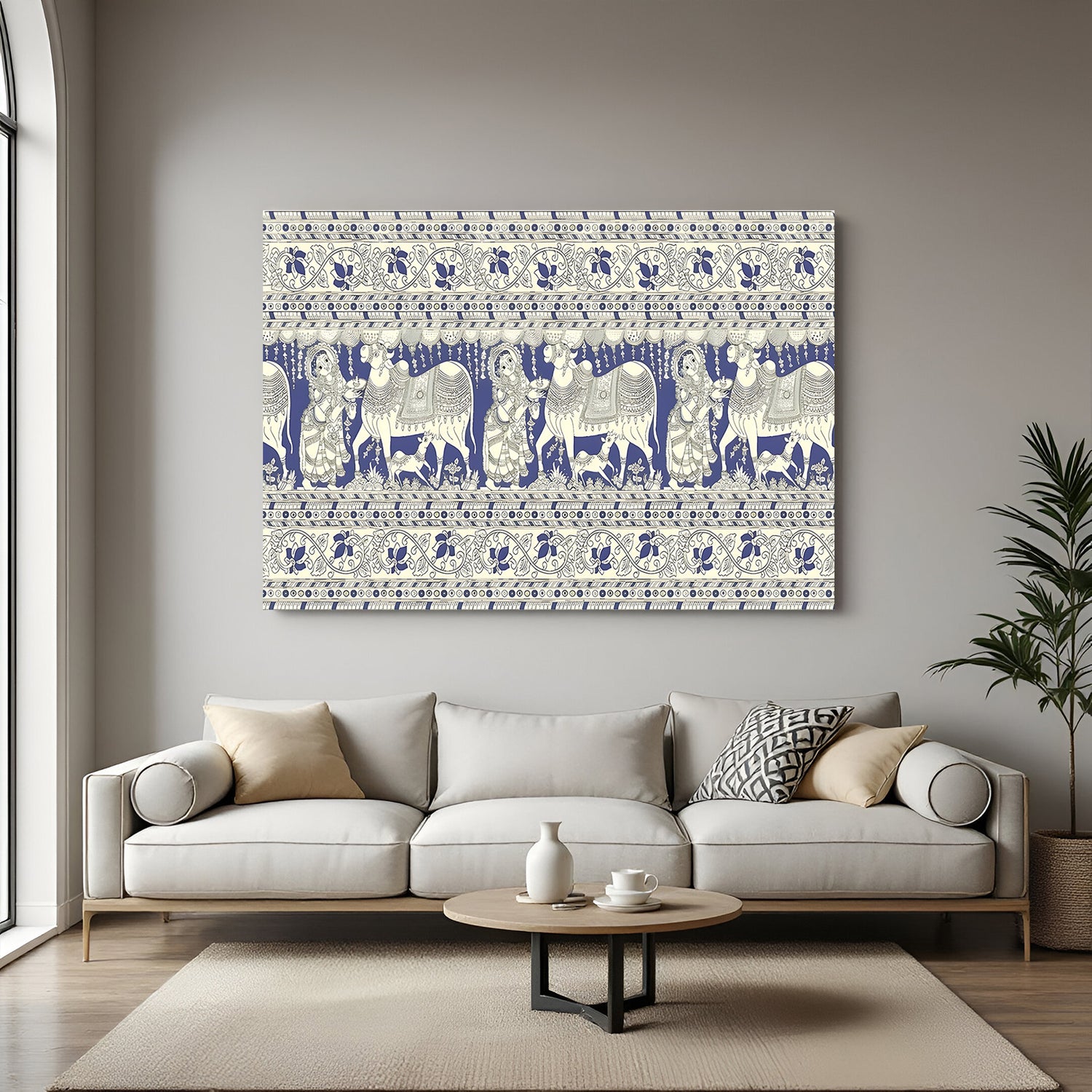 Traditional cow Kalamkari canvas wall art in premium canvas wrapped frame with intricate ethnic detailing