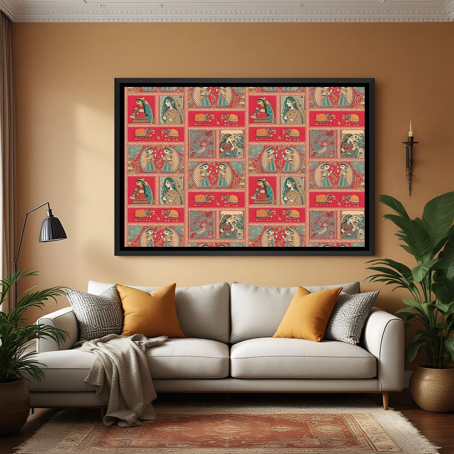Traditional Kalamkari wall painting with elephants and Indian women in elegant black floater frame