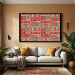 Traditional Kalamkari wall painting with elephants and Indian women in elegant black floater frame