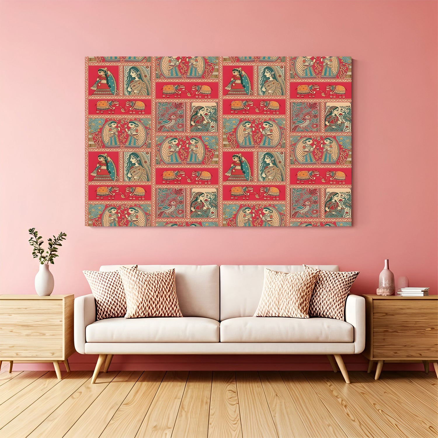 Traditional ethnic Kalamkari canvas wall art with elephants, Indian women, and birds in premium canvas wrapped frame