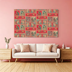 Traditional ethnic Kalamkari canvas wall art with elephants, Indian women, and birds in premium canvas wrapped frame