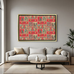 Luxury Kalamkari artwork with elephants, birds, and Indian women in golden floater frame with reddish traditional tones