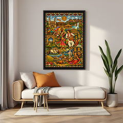 Traditional Indian dance Kalamkari wall painting in elegant black floater frame for ethnic interiors