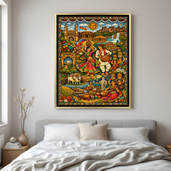 Luxury folk dance Kalamkari artwork in golden floater frame with vibrant traditional Indian detailing