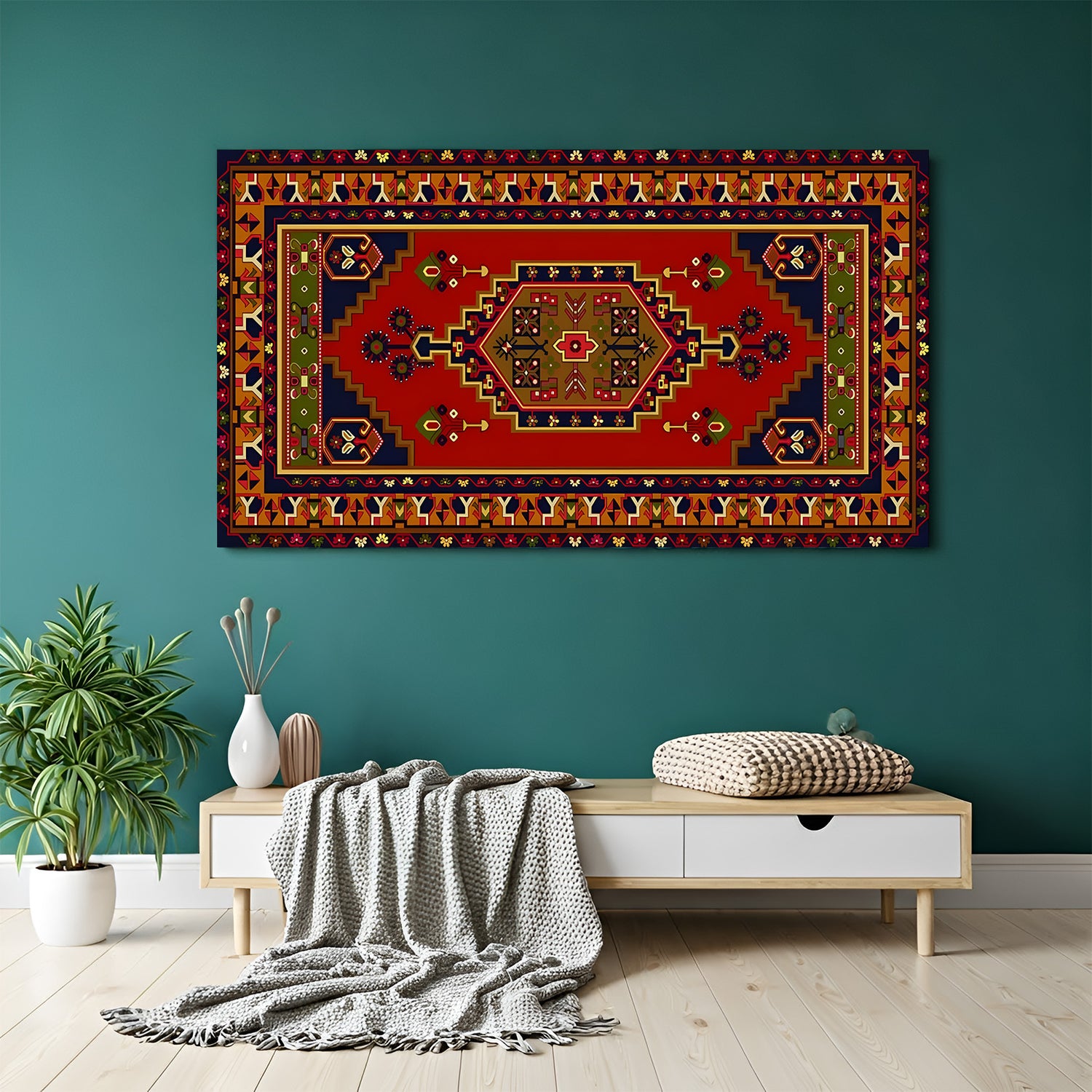 Traditional Tribal Pattern canvas painting with ethnic geometric artwork in canvas wrapped frame