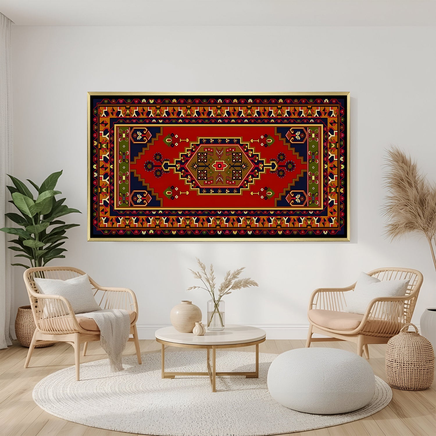 Traditional tribal wall art in luxury golden floater frame with geometric ethnic design
