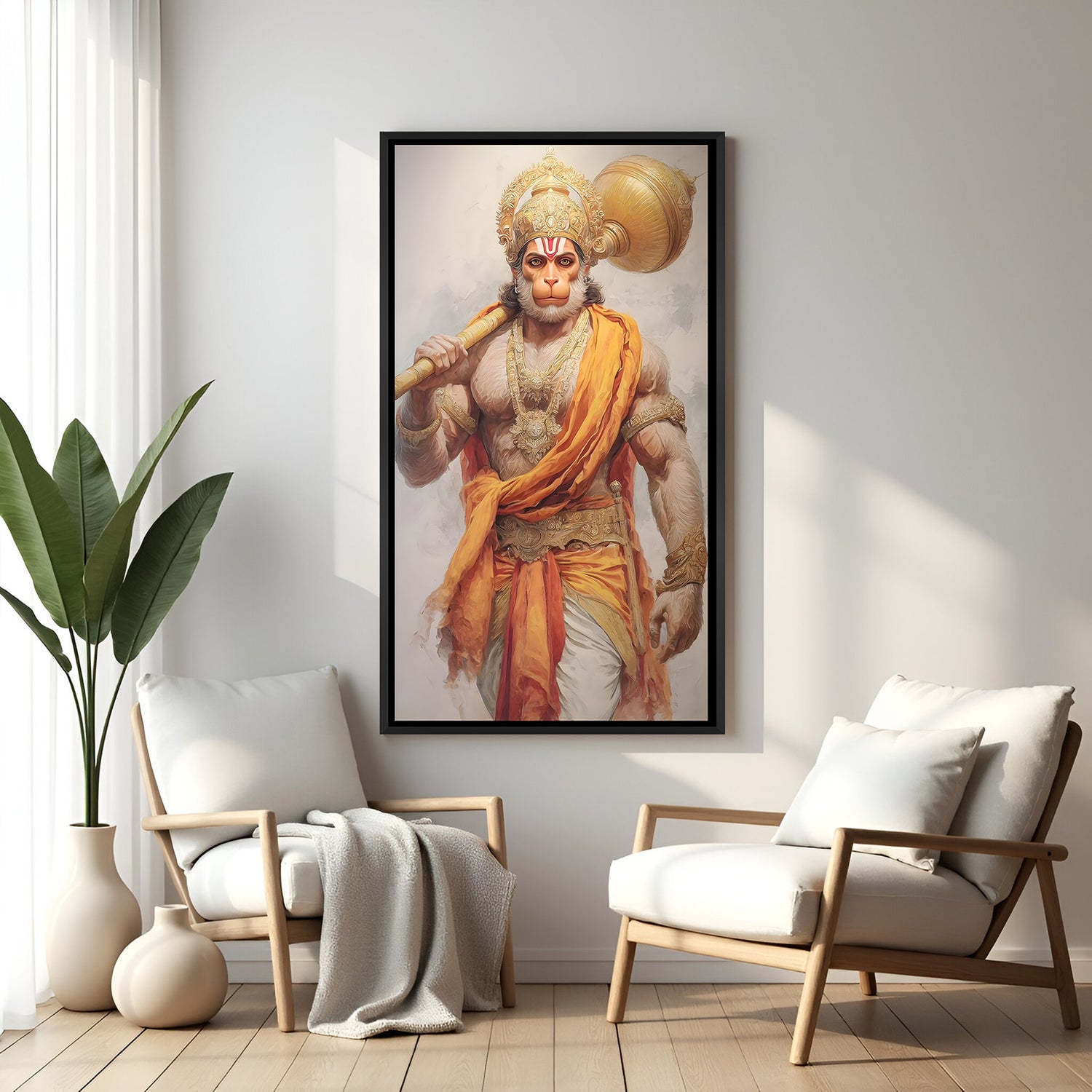 Peaceful Hanuman walking artwork with sacred weapon in modern black floater frame