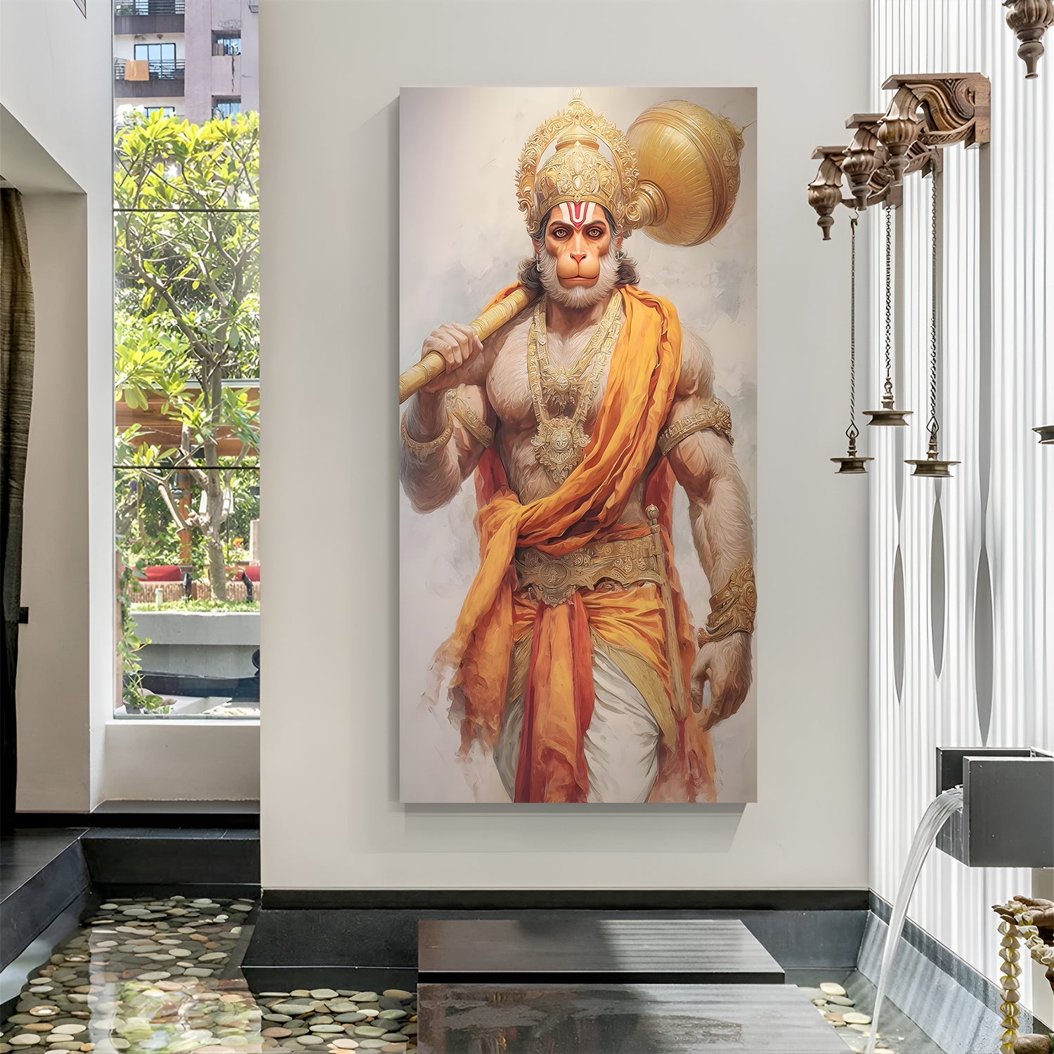 Lord Hanuman walking calmly while holding his sacred weapon in premium canvas wrapped frame