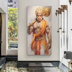 Lord Hanuman walking calmly while holding his sacred weapon in premium canvas wrapped frame