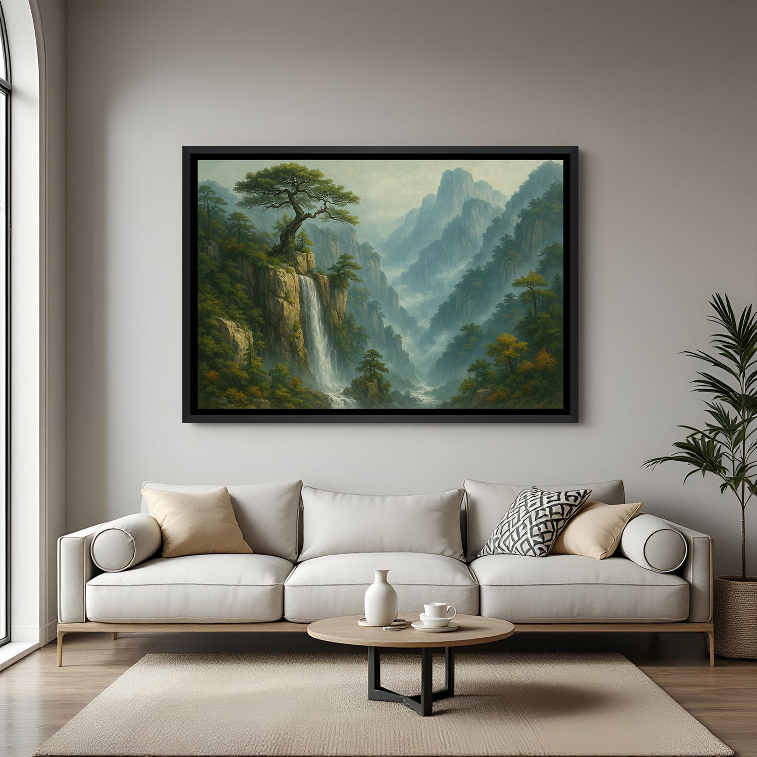 Tranquil mountain waterfall landscape wall painting in sleek black floater frame for elegant home decor