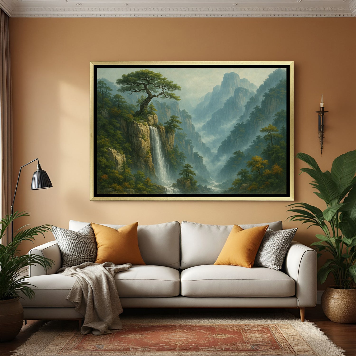 Tranquil mountain waterfall landscape canvas wall art in golden floater frame showcasing luxury wall decor