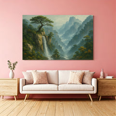 Tranquil mountain waterfall landscape canvas wall art wrapped on stretcher frame displayed in modern living room