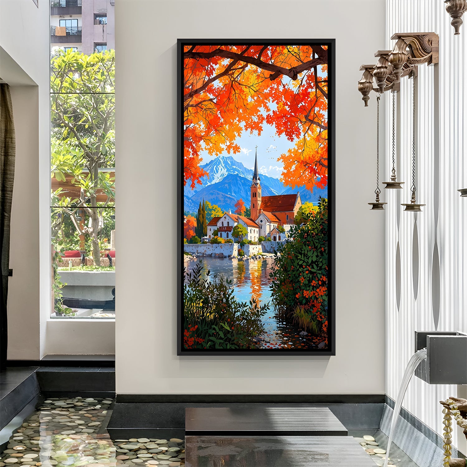 Modern scenery wall art in elegant black floater frame with contemporary landscape artistic detailing