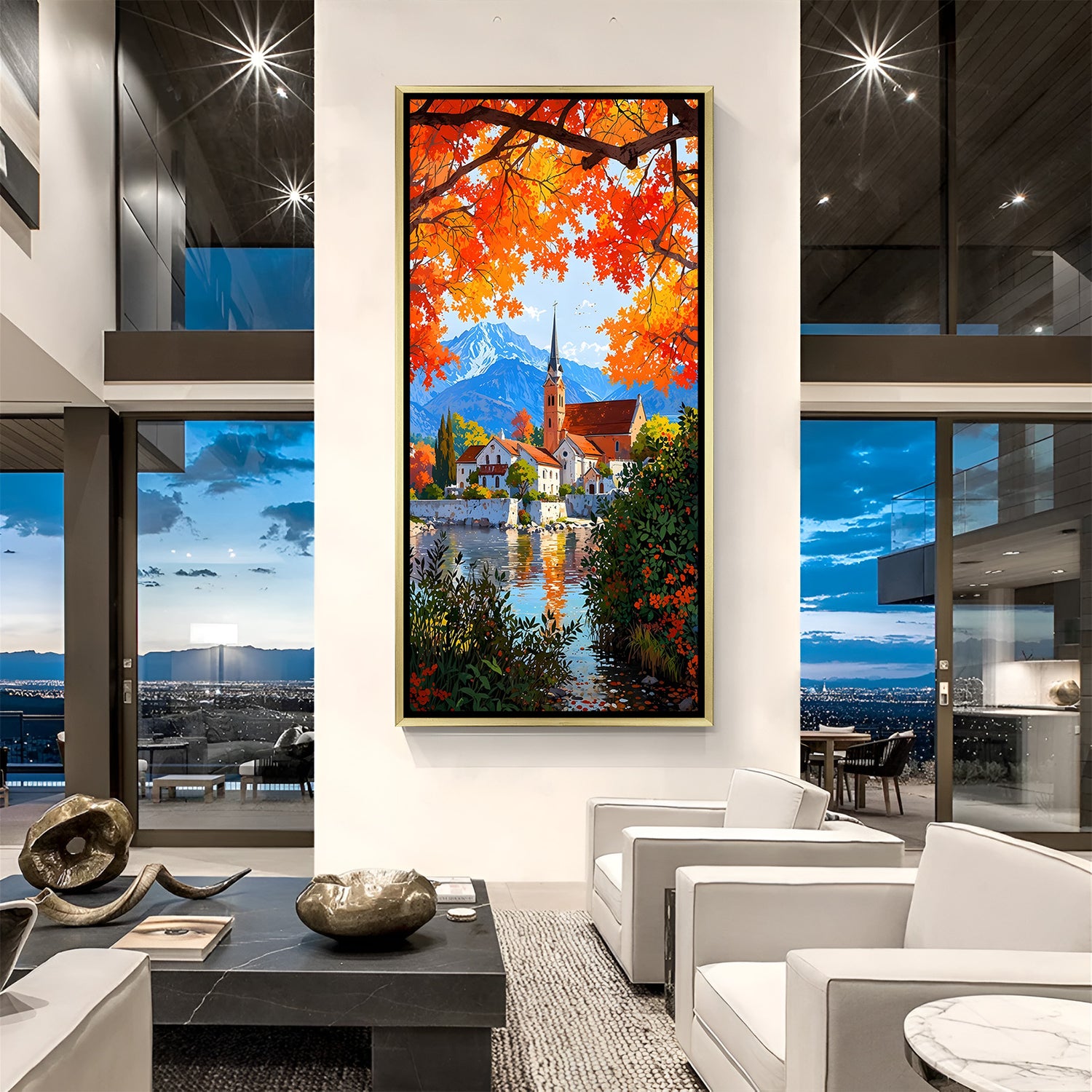 Luxury scenery modern canvas artwork in golden floater frame featuring serene landscape and abstract textures