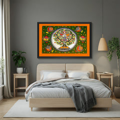 Black frame Tree of Life Madhubani wall art – traditional Indian canvas painting for vibrant home and elegant office interiors
