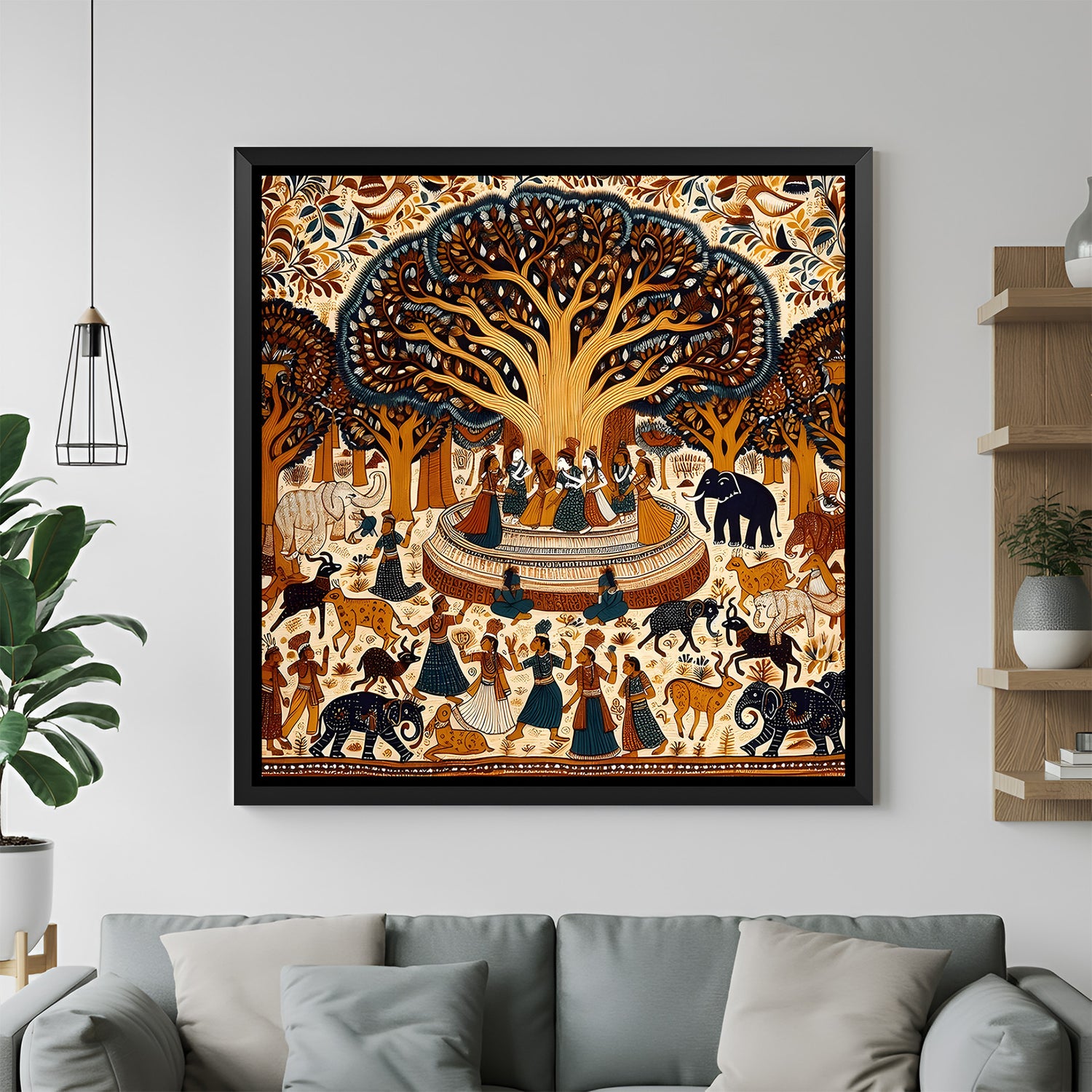 Traditional Tree of Life Kalamkari wall painting with folk art detailing in elegant black floater frame