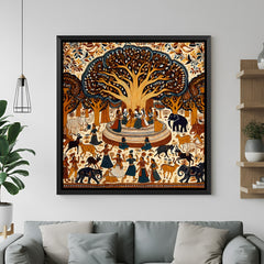 Traditional Tree of Life Kalamkari wall painting with folk art detailing in elegant black floater frame