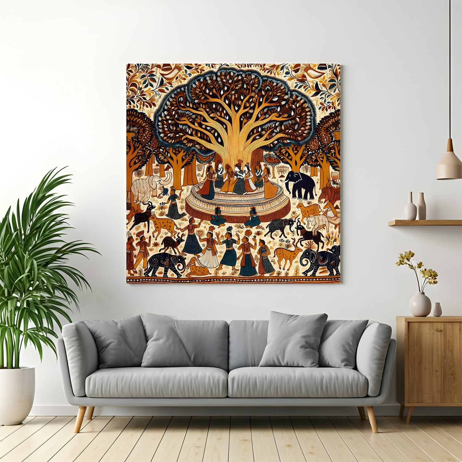Tree of Life traditional Kalamkari canvas wall art with elephants, people, and cultural motifs in premium canvas wrapped frame