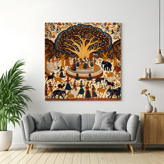 Tree of Life traditional Kalamkari canvas wall art with elephants, people, and cultural motifs in premium canvas wrapped frame