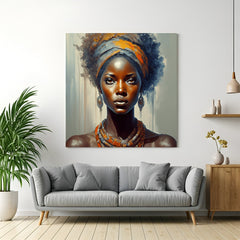Canvas wall art of a tribal African girl’s face with traditional ethnic markings, ideal for bold and Afrocentric interior decor